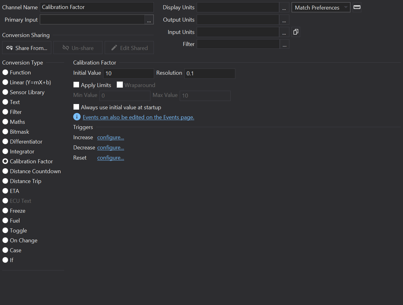 Calibration Factor Channel Editor