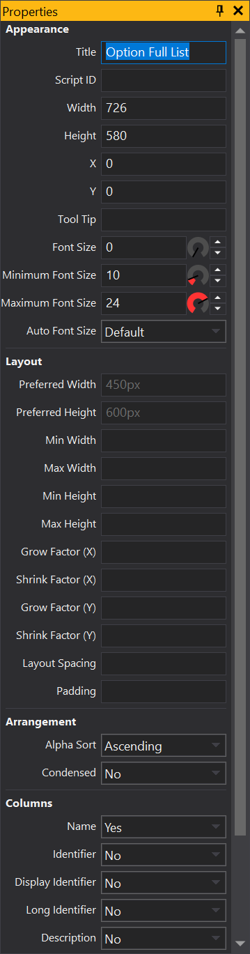 Options Property View